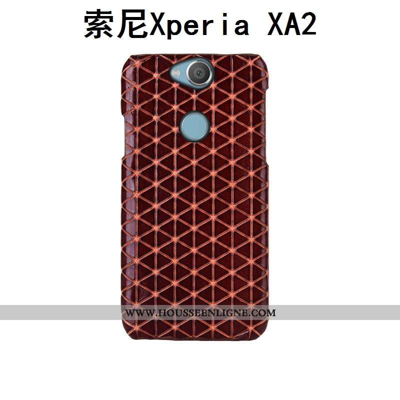 Coque Sony Xperia Xa2 Cuir Véritable Mode Couvercle Arrière Protection Plaid Personnalisé Luxe Marro