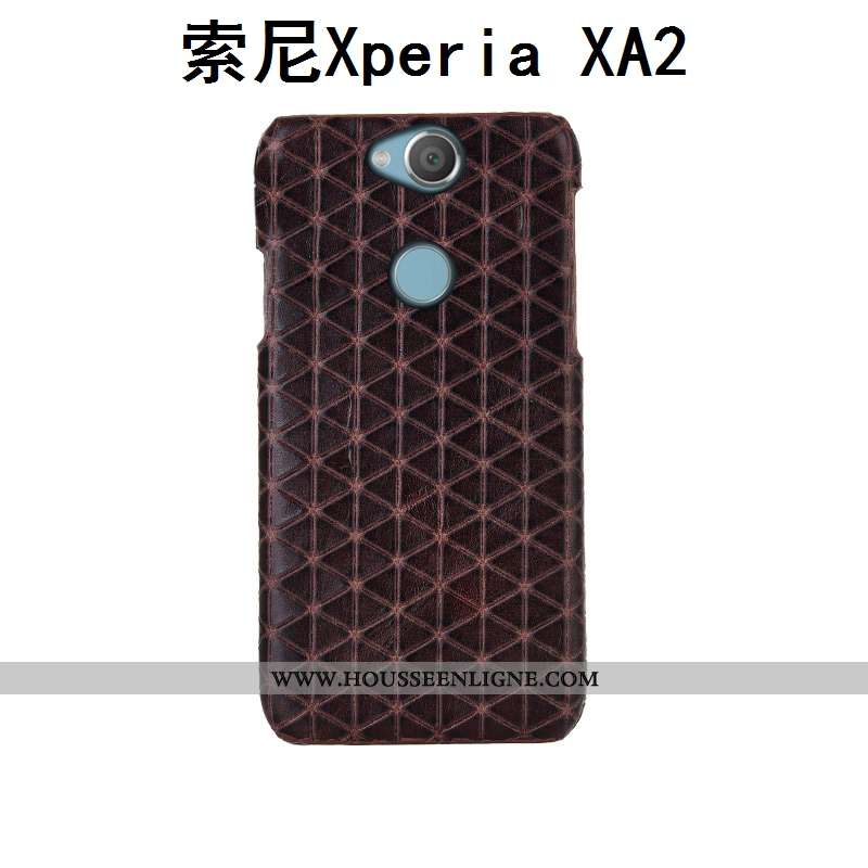 Coque Sony Xperia Xa2 Cuir Véritable Mode Couvercle Arrière Protection Plaid Personnalisé Luxe Marro