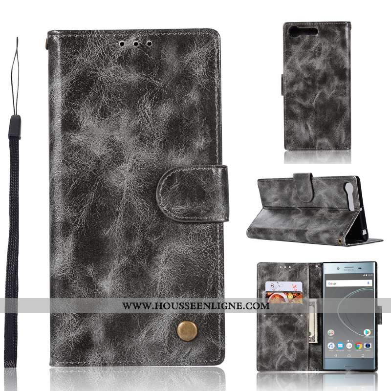 Coque Sony Xperia Xz Premium Portefeuille Cuir Téléphone Portable Carte Étui Support Vintage Gris