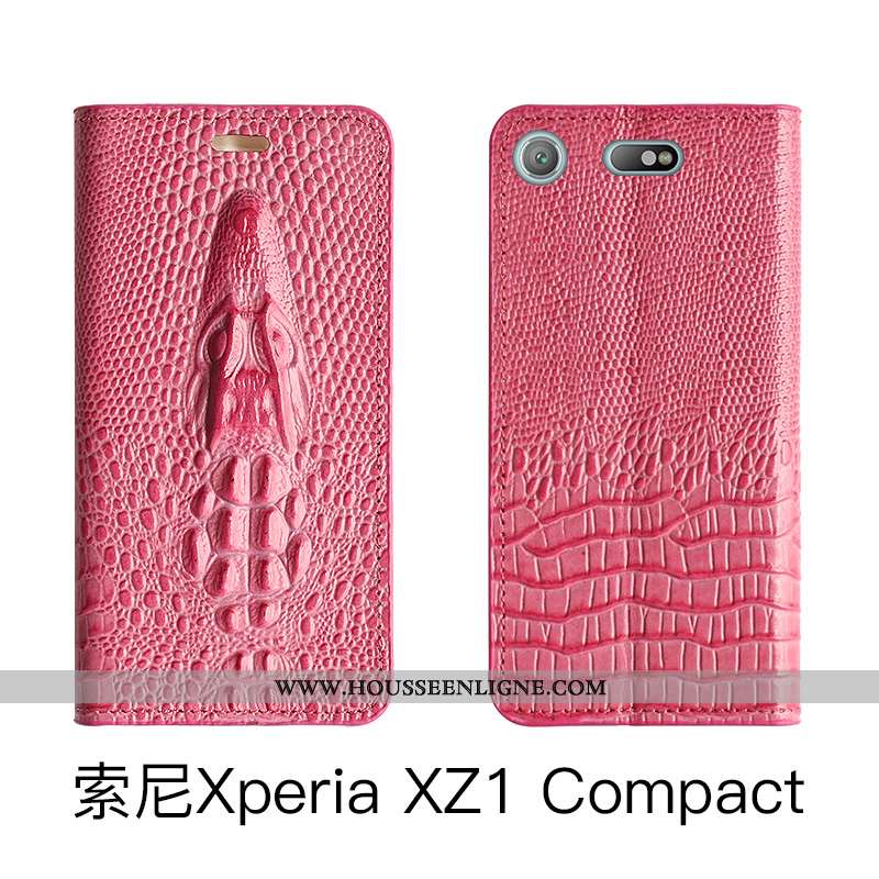 Coque Sony Xperia Xz1 Compact Protection Cuir Véritable Housse Rose Étui Téléphone Portable