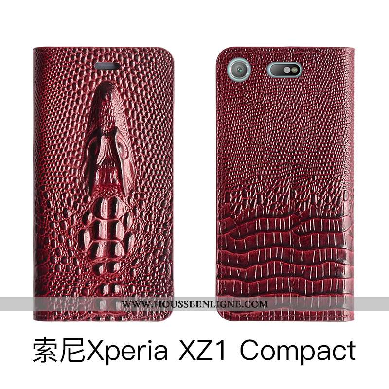 Coque Sony Xperia Xz1 Compact Protection Cuir Véritable Housse Rose Étui Téléphone Portable