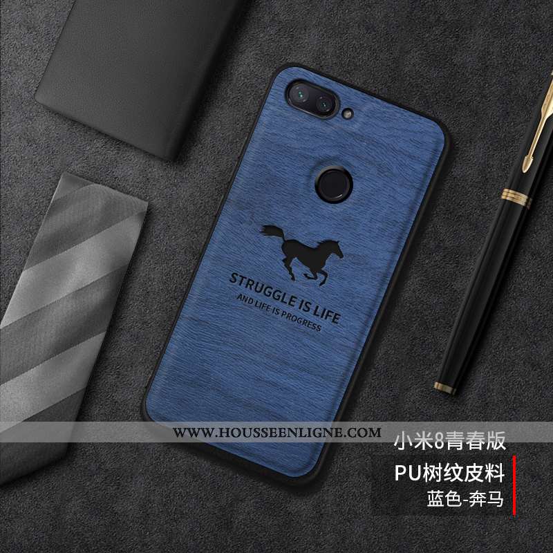 Coque Xiaomi Mi 8 Lite Tendance Cuir Incassable Silicone Tout Compris Tempérer Difficile Bleu