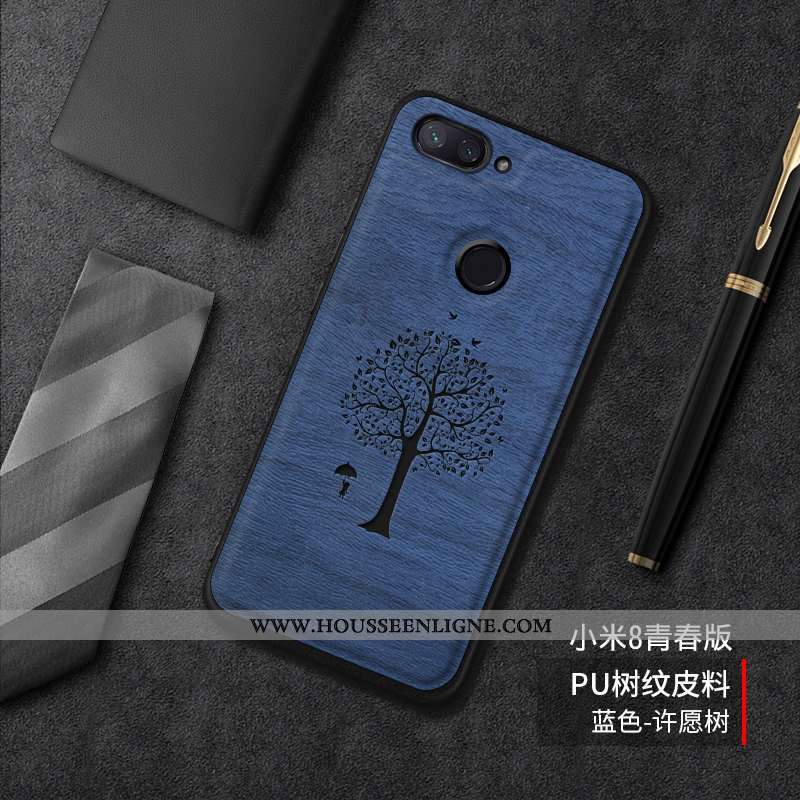Coque Xiaomi Mi 8 Lite Tendance Cuir Incassable Silicone Tout Compris Tempérer Difficile Bleu