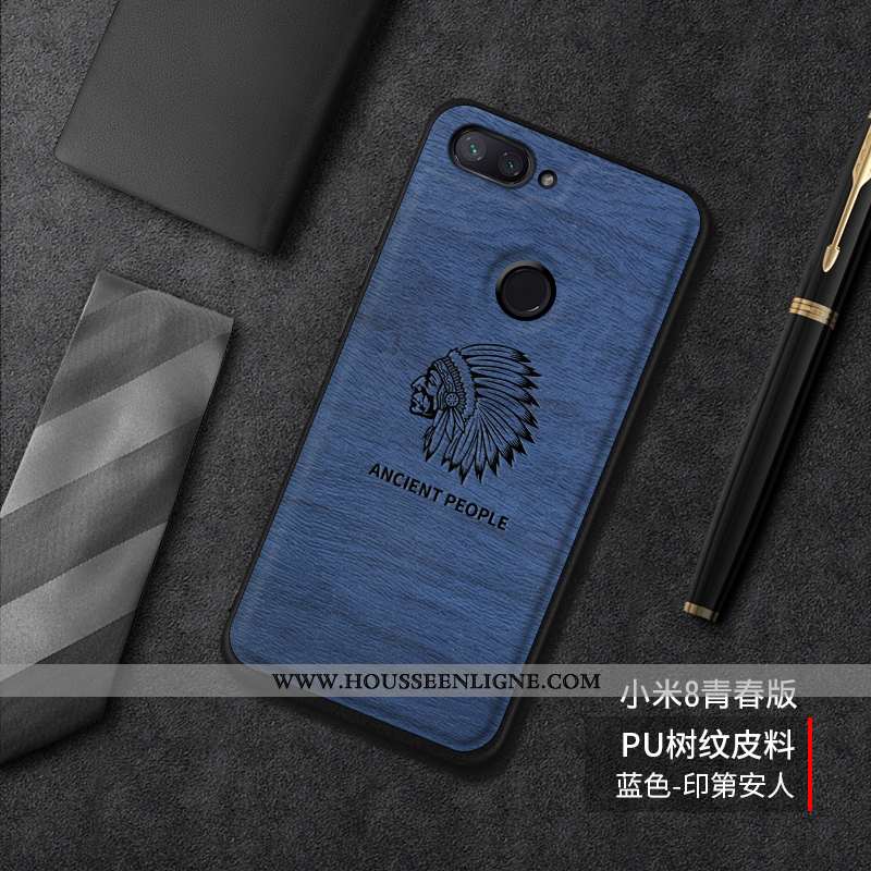 Coque Xiaomi Mi 8 Lite Tendance Cuir Incassable Silicone Tout Compris Tempérer Difficile Bleu