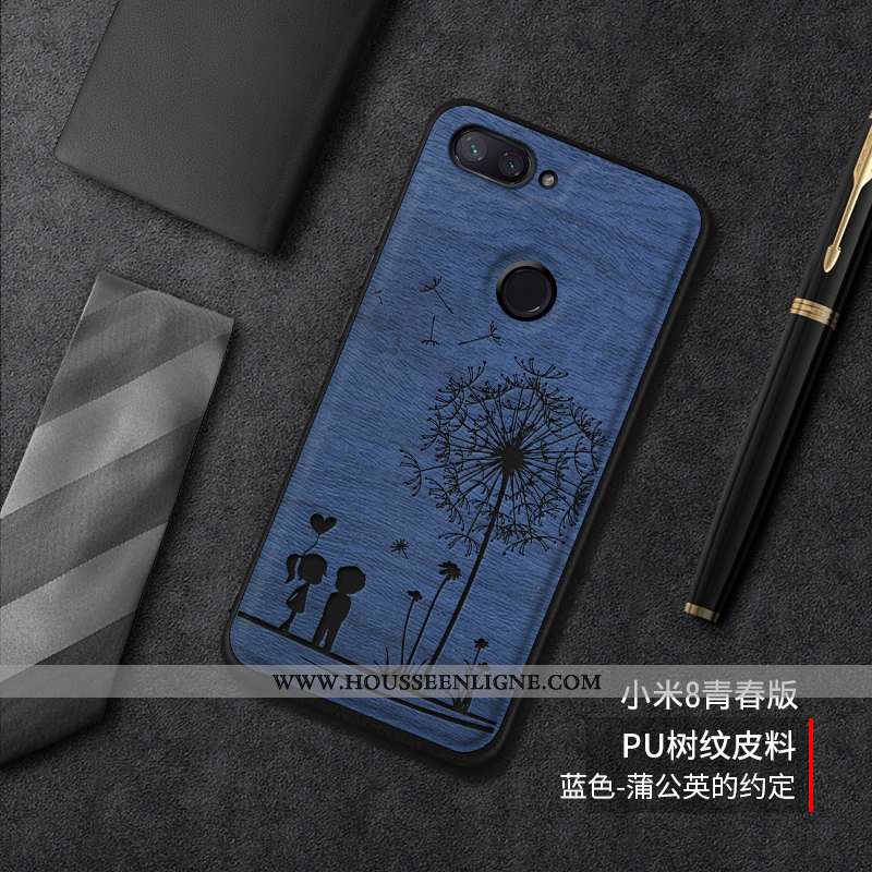 Coque Xiaomi Mi 8 Lite Tendance Cuir Incassable Silicone Tout Compris Tempérer Difficile Bleu