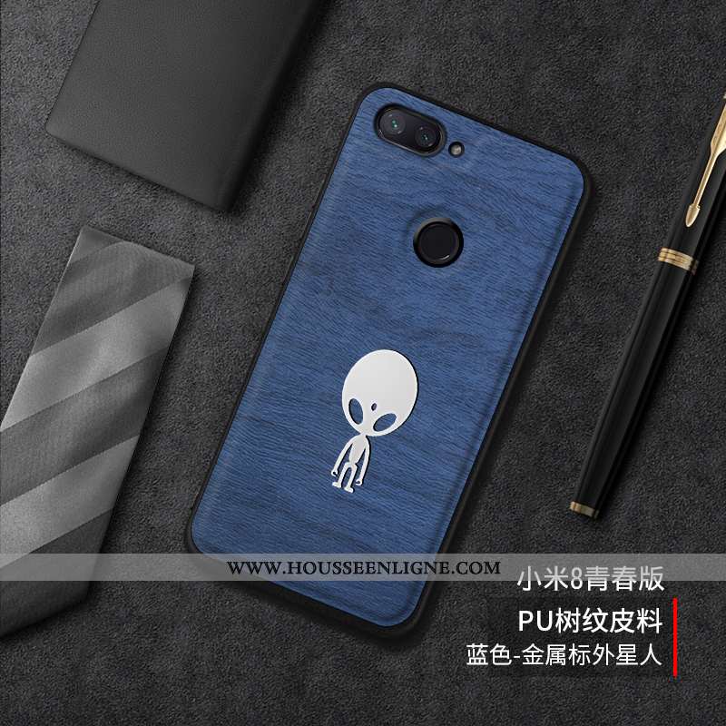 Coque Xiaomi Mi 8 Lite Tendance Cuir Incassable Silicone Tout Compris Tempérer Difficile Bleu