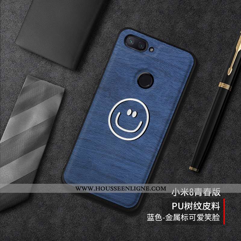 Coque Xiaomi Mi 8 Lite Tendance Cuir Incassable Silicone Tout Compris Tempérer Difficile Bleu