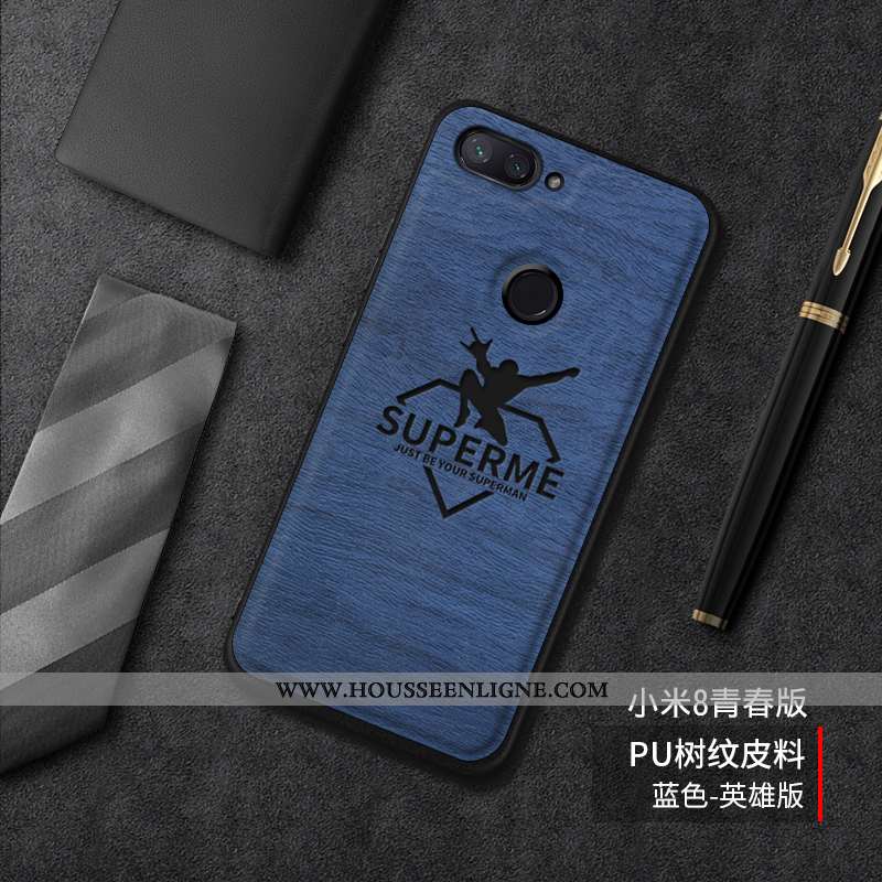 Coque Xiaomi Mi 8 Lite Tendance Cuir Incassable Silicone Tout Compris Tempérer Difficile Bleu