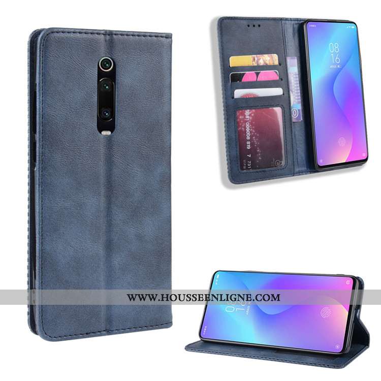 Coque Xiaomi Mi 9t Portefeuille Cuir Protection Bleu Marin Petit Étui Téléphone Portable Bleu Foncé