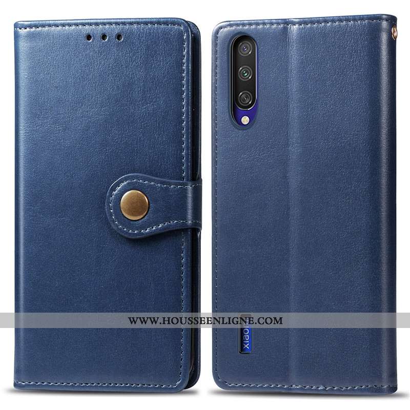 Coque Xiaomi Mi A3 Cuir Protection Ornements Suspendus Simple Couleur Unie Housse Bleu Foncé