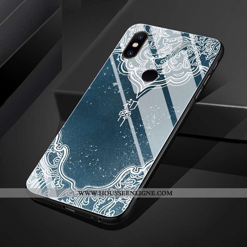 Coque Xiaomi Mi Mix 3 Verre Silicone Téléphone Portable Étui Art Fleur Bleu