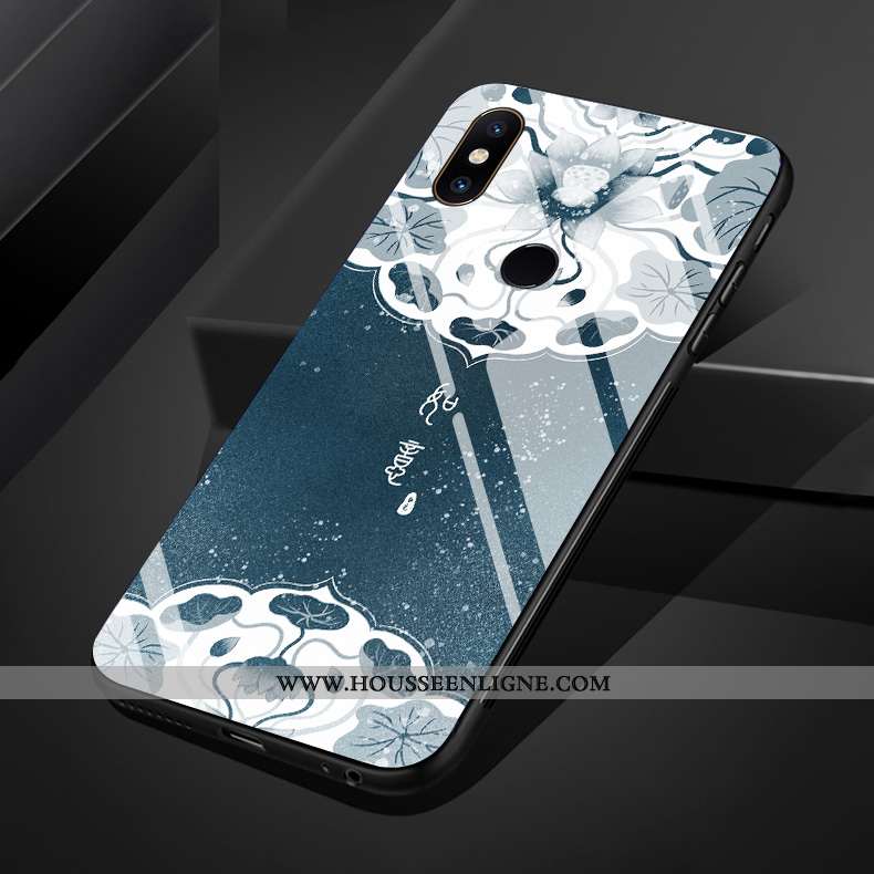 Coque Xiaomi Mi Mix 3 Verre Silicone Téléphone Portable Étui Art Fleur Bleu
