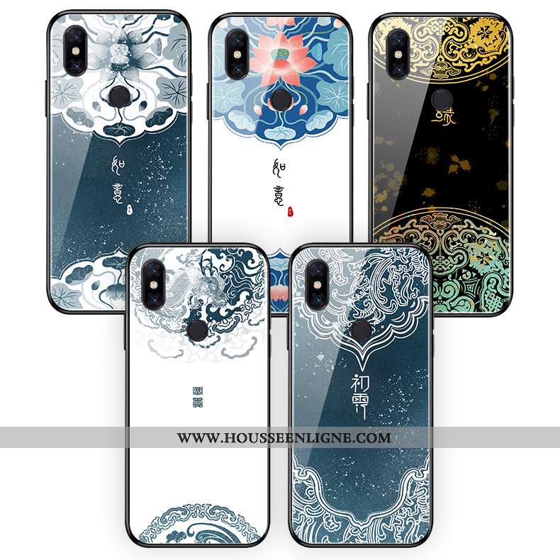Coque Xiaomi Mi Mix 3 Verre Silicone Téléphone Portable Étui Art Fleur Bleu