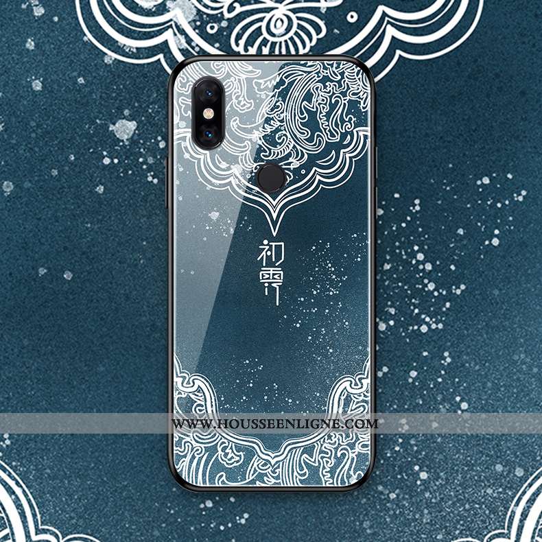 Coque Xiaomi Mi Mix 3 Verre Silicone Téléphone Portable Étui Art Fleur Bleu