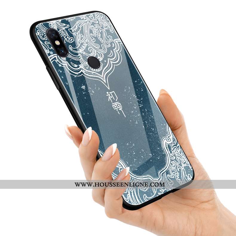 Coque Xiaomi Mi Mix 3 Verre Silicone Téléphone Portable Étui Art Fleur Bleu