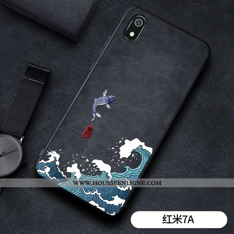 Coque Xiaomi Redmi 7a Gaufrage Vintage Style Chinois Net Rouge Rouge Dragon Protection Noir