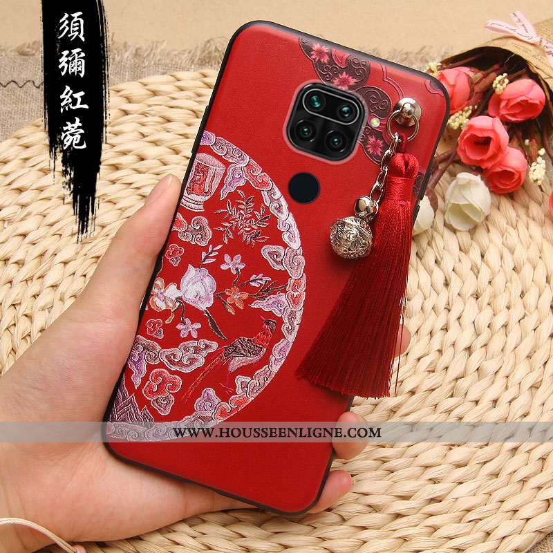 Coque Xiaomi Redmi Note 9 Gaufrage Fluide Doux Silicone Rouge Style Chinois Rose Étui