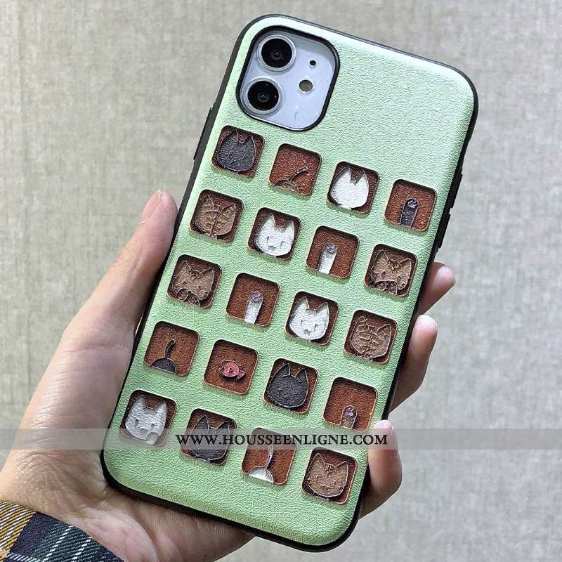Coque iPhone 11 Charmant Ornements Suspendus Dessin Animé Chat Gaufrage Violet Dimensionnel Verte