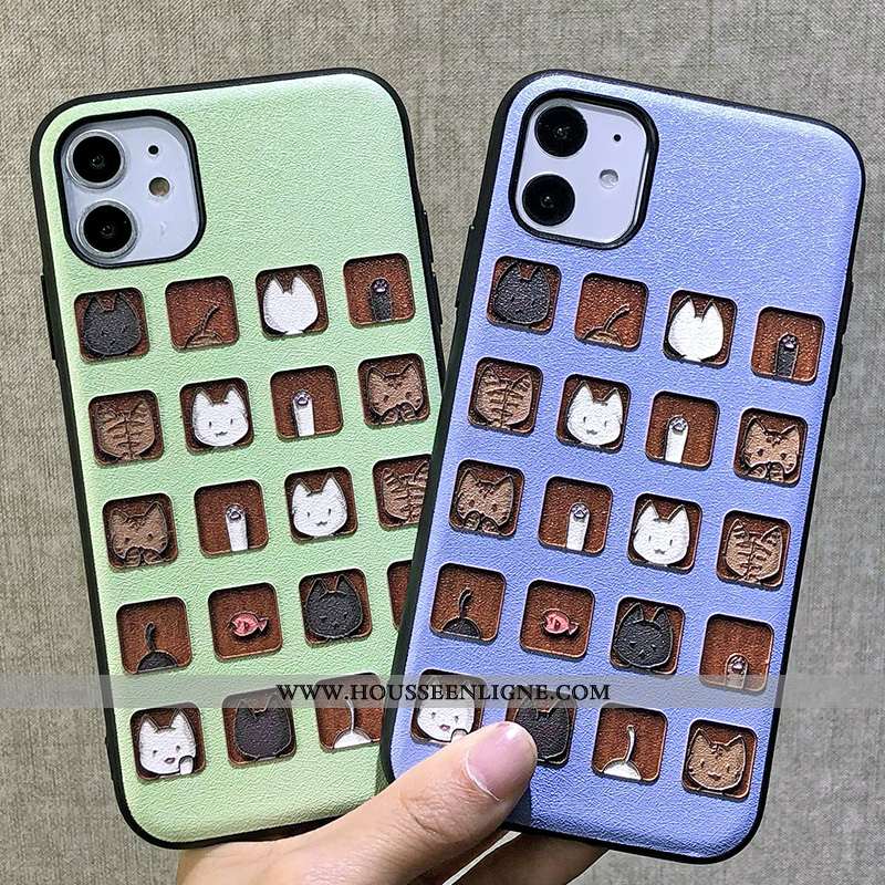 Coque iPhone 11 Charmant Ornements Suspendus Dessin Animé Chat Gaufrage Violet Dimensionnel Verte