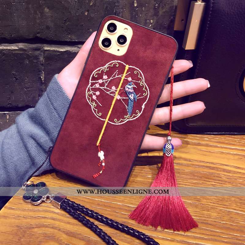 Coque iPhone 11 Pro Broderie Ornements Suspendus Rouge Velours Téléphone Portable Style Chinois