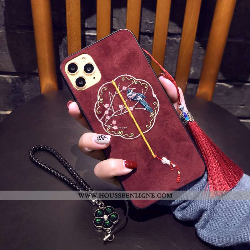 Coque iPhone 11 Pro Broderie Ornements Suspendus Rouge Velours Téléphone Portable Style Chinois