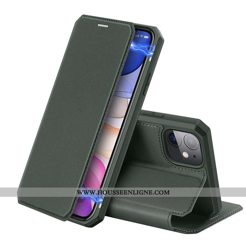 Coque iPhone 11 Pro Max Cuir Protection Téléphone Portable Simple Clamshell Personnalité Étui Verte