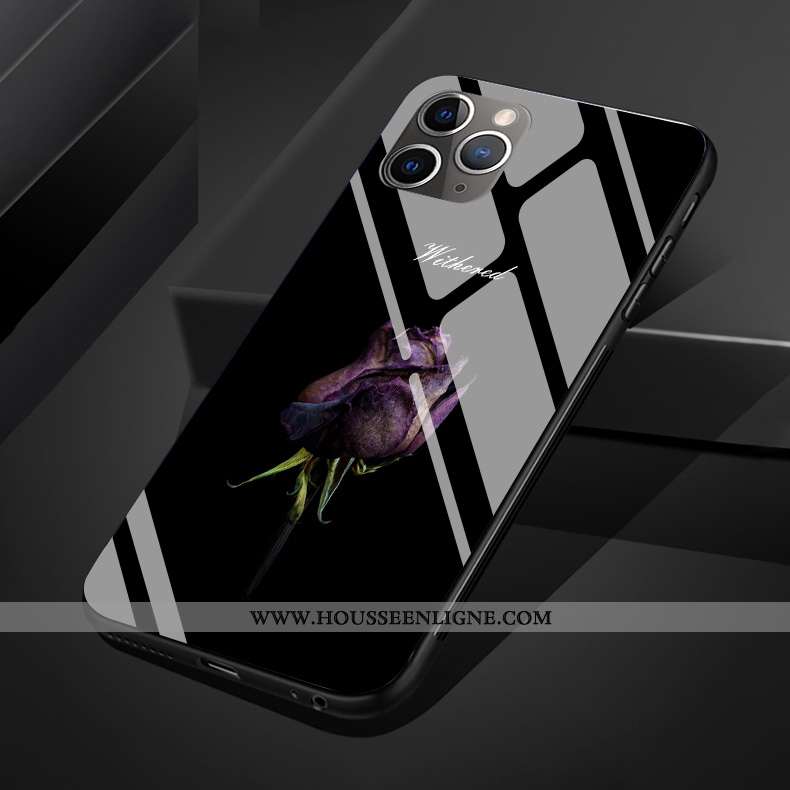 Coque iPhone 11 Pro Max Original Silicone Verre Fleur Téléphone Portable Noir