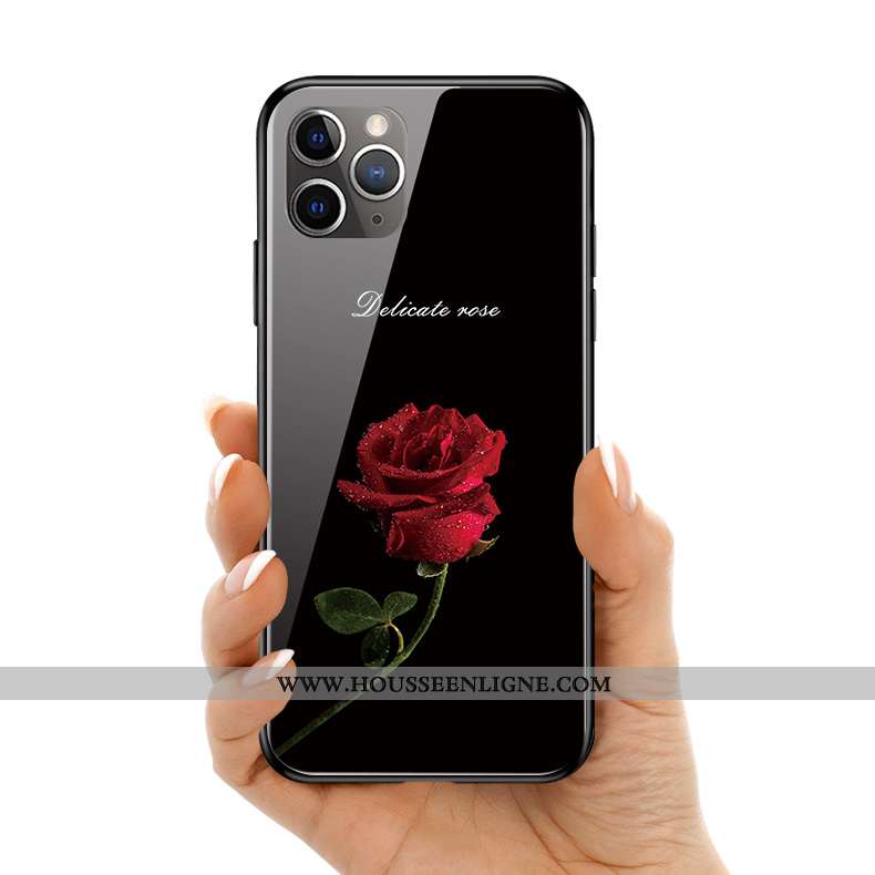 Coque iPhone 11 Pro Max Original Silicone Verre Fleur Téléphone Portable Noir