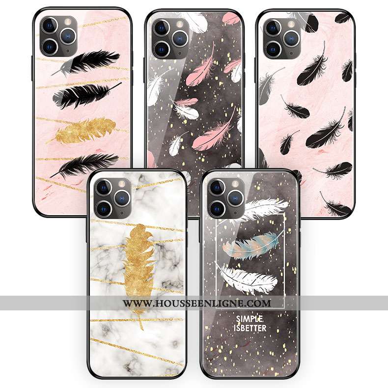 Coque iPhone 11 Pro Max Protection Verre Art Rose Simple Plume