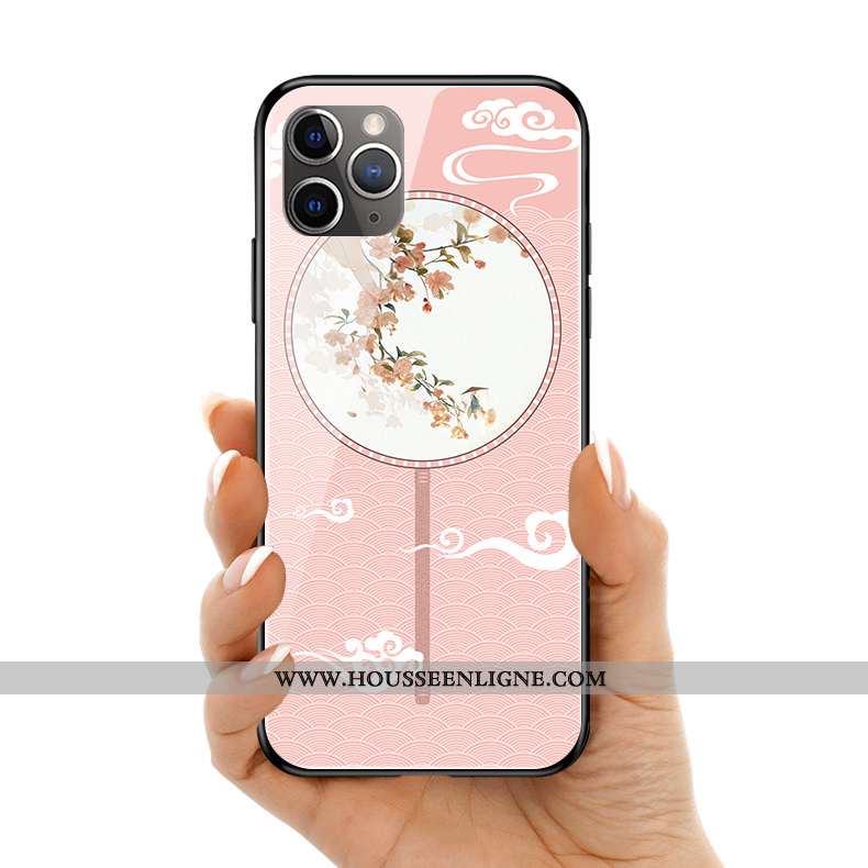 Coque iPhone 11 Pro Max Protection Verre Palais Style Chinois Téléphone Portable Fleur Rose