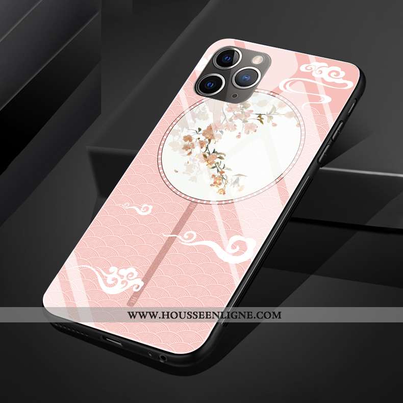 Coque iPhone 11 Pro Max Protection Verre Palais Style Chinois Téléphone Portable Fleur Rose