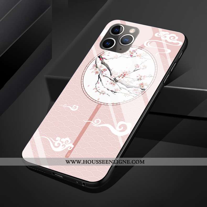 Coque iPhone 11 Pro Max Protection Verre Palais Style Chinois Téléphone Portable Fleur Rose