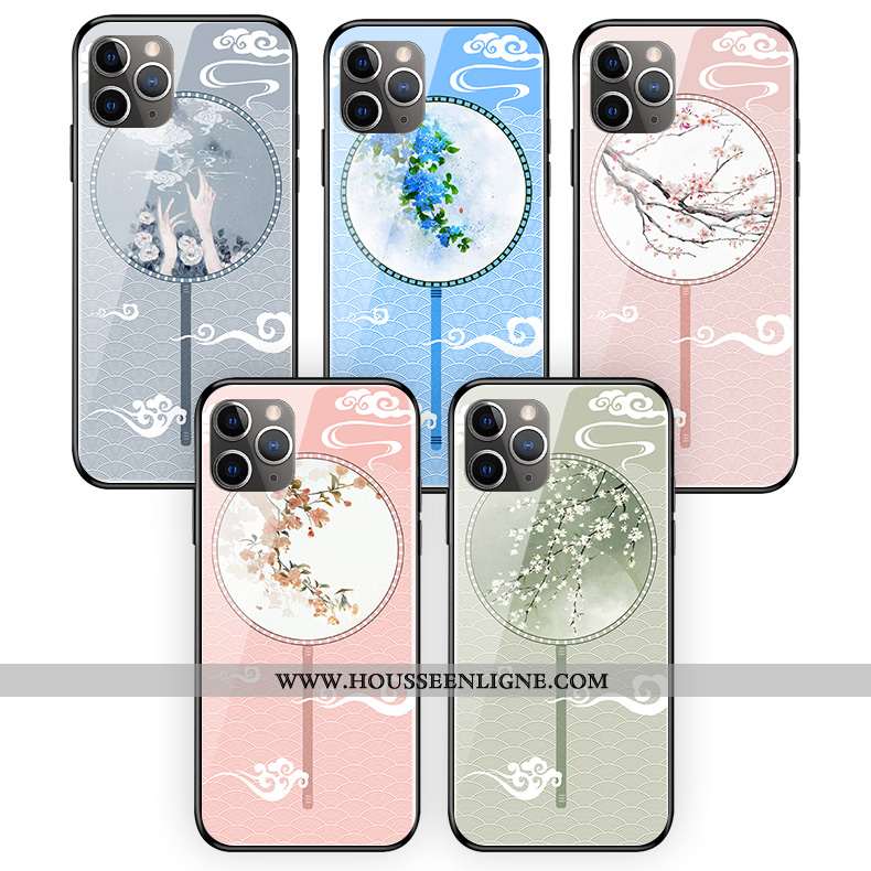 Coque iPhone 11 Pro Max Protection Verre Palais Style Chinois Téléphone Portable Fleur Rose