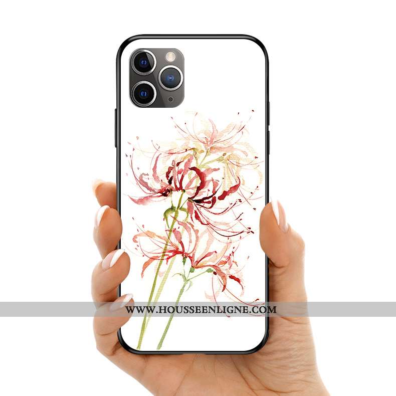 Coque iPhone 11 Pro Max Protection Verre Silicone Téléphone Portable Style Chinois Art Fleur Blanche