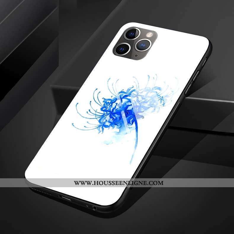 Coque iPhone 11 Pro Max Protection Verre Silicone Téléphone Portable Style Chinois Art Fleur Blanche