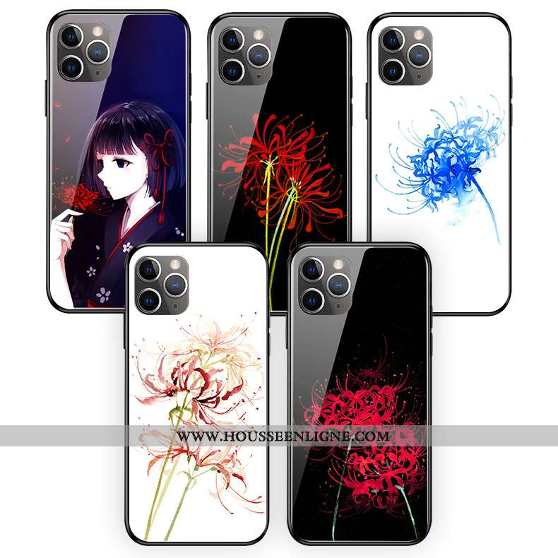 Coque iPhone 11 Pro Max Protection Verre Silicone Téléphone Portable Style Chinois Art Fleur Blanche