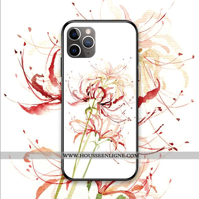 Coque iPhone 11 Pro Max Protection Verre Silicone Téléphone Portable Style Chinois Art Fleur Blanche