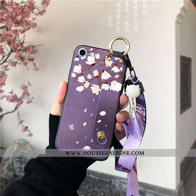 Coque iPhone 8 Cou Suspendu Tendance Fluide Doux Fleur De Pêche Violet Style Chinois Fleur