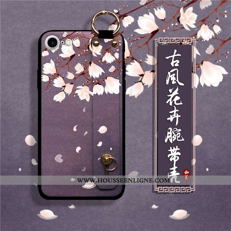 Coque iPhone 8 Cou Suspendu Tendance Fluide Doux Fleur De Pêche Violet Style Chinois Fleur
