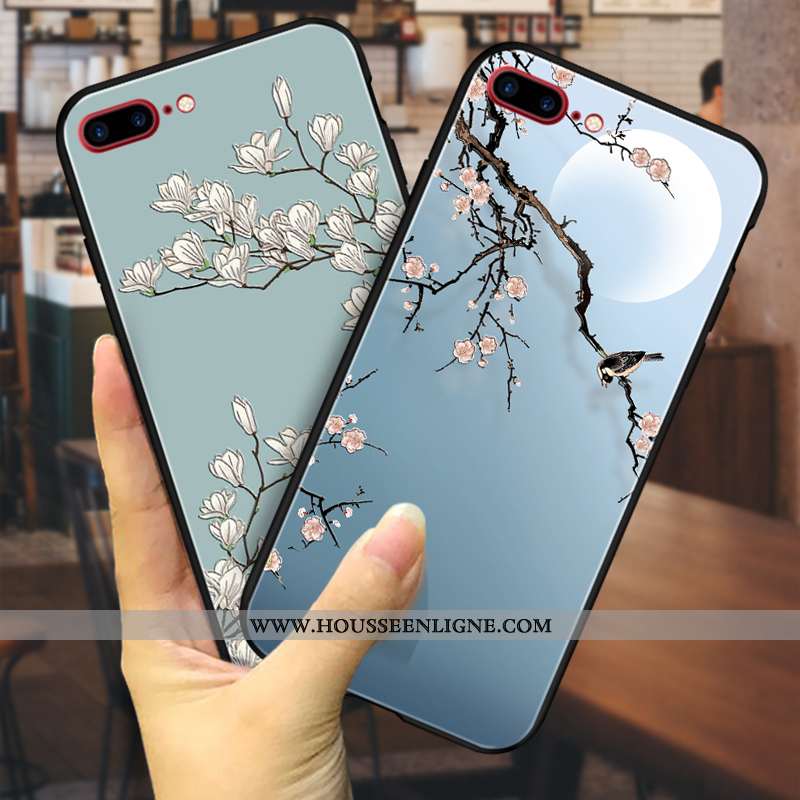 Coque iPhone 8 Plus Gaufrage Vintage Fluide Doux Téléphone Portable Luxe Fleur Tendance Bleu