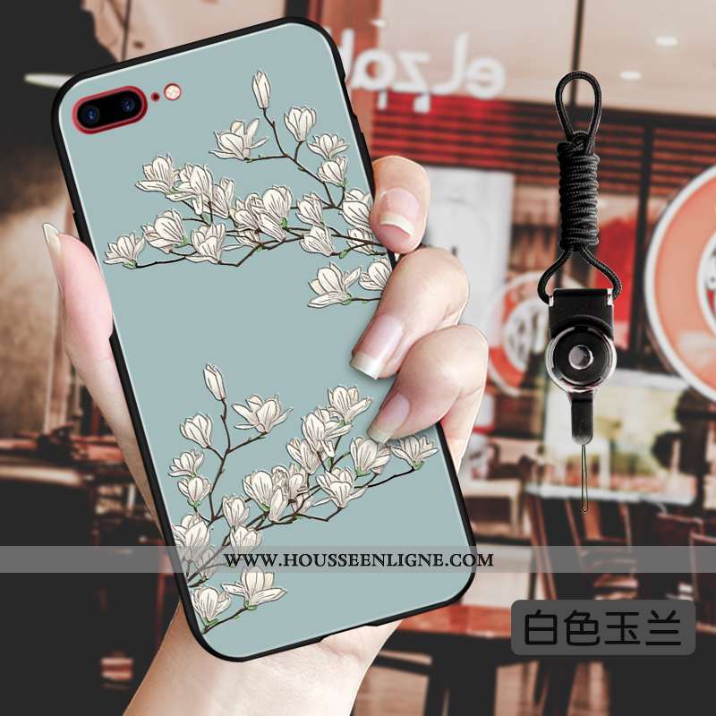 Coque iPhone 8 Plus Gaufrage Vintage Fluide Doux Téléphone Portable Luxe Fleur Tendance Bleu