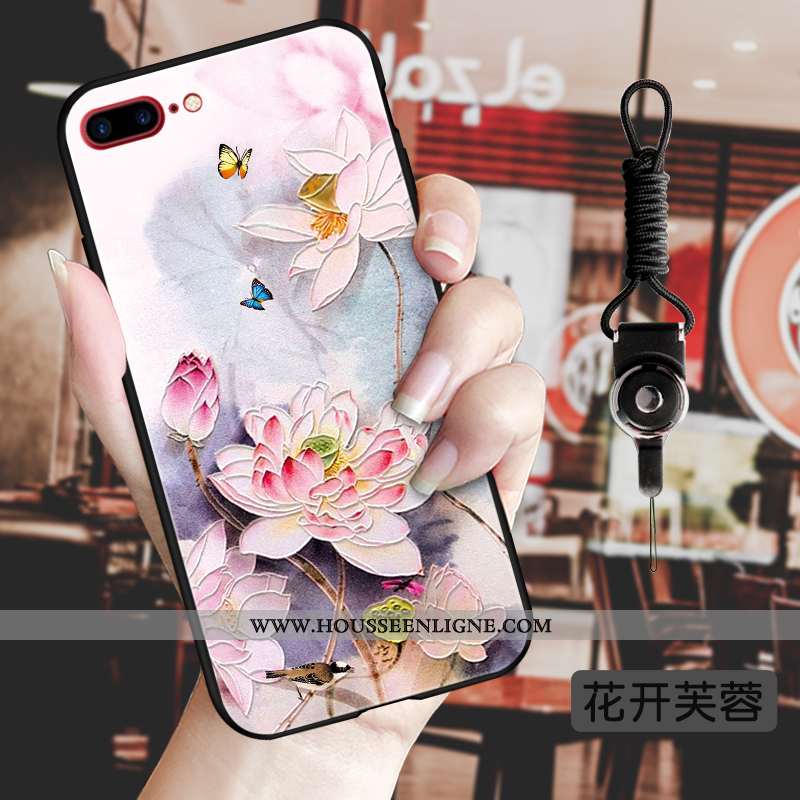 Coque iPhone 8 Plus Gaufrage Vintage Fluide Doux Téléphone Portable Luxe Fleur Tendance Bleu