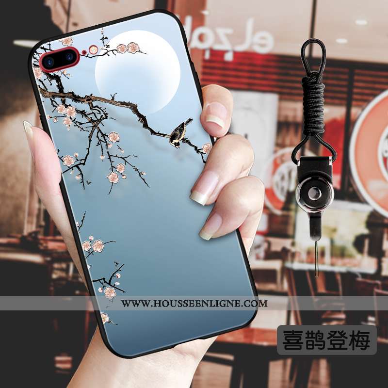 Coque iPhone 8 Plus Gaufrage Vintage Fluide Doux Téléphone Portable Luxe Fleur Tendance Bleu