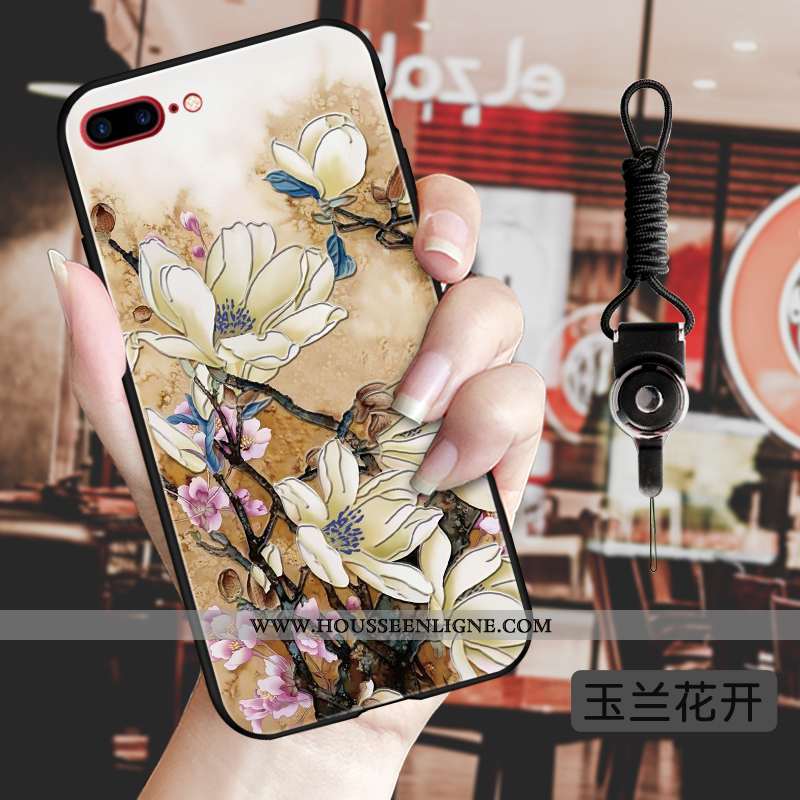 Coque iPhone 8 Plus Gaufrage Vintage Fluide Doux Téléphone Portable Luxe Fleur Tendance Bleu