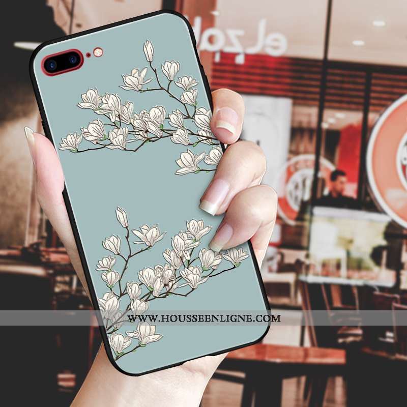 Coque iPhone 8 Plus Gaufrage Vintage Fluide Doux Téléphone Portable Luxe Fleur Tendance Bleu