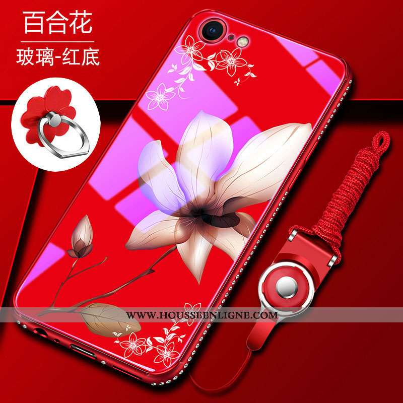 Coque iPhone 8 Verre Tendance Incassable Étui Pu Difficile Téléphone Portable Rouge