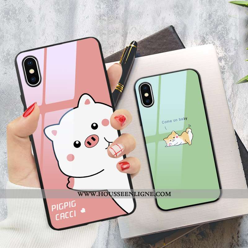 Coque iPhone X Charmant Fluide Doux Chiens Amoureux Étui Verre Protection Rose