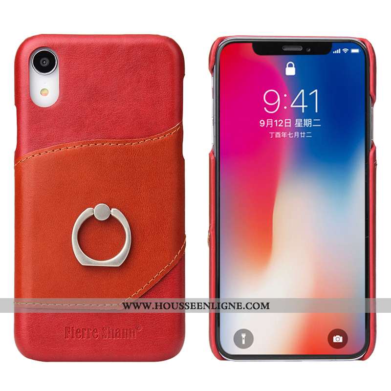 Coque iPhone Xr Accessoires Protection Support Anneau Cuir Véritable Carte Cuir Rouge