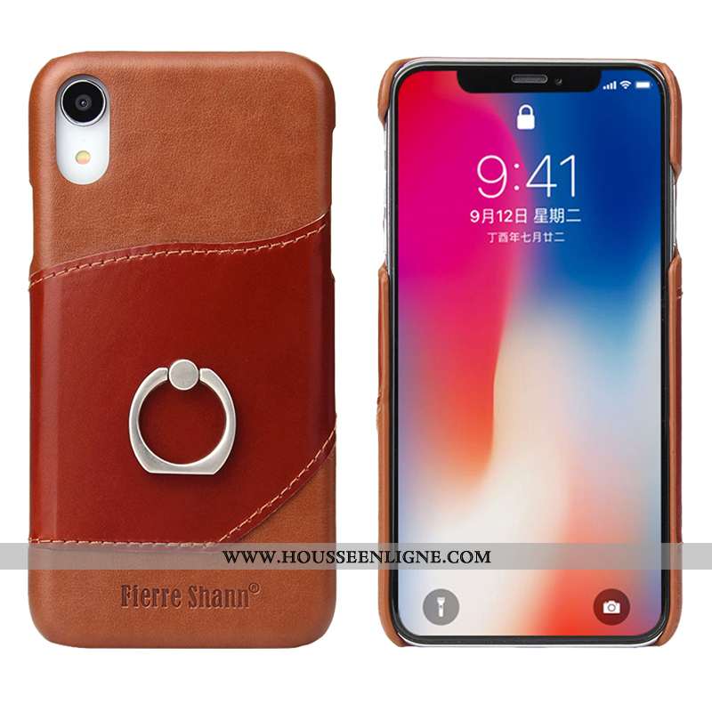 Coque iPhone Xr Accessoires Protection Support Anneau Cuir Véritable Carte Cuir Rouge