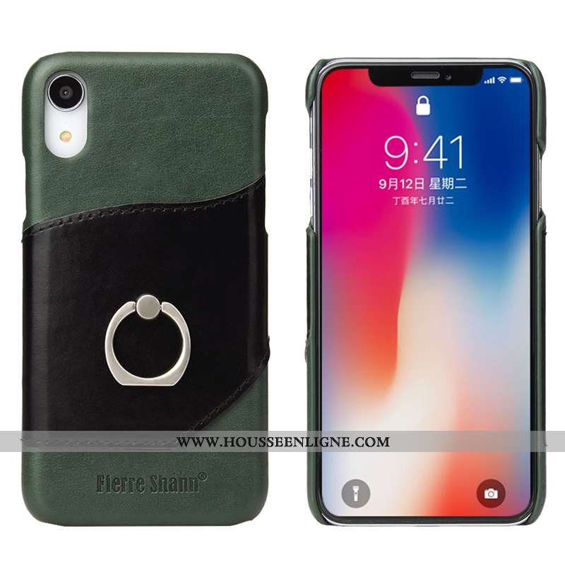 Coque iPhone Xr Accessoires Protection Support Anneau Cuir Véritable Carte Cuir Rouge
